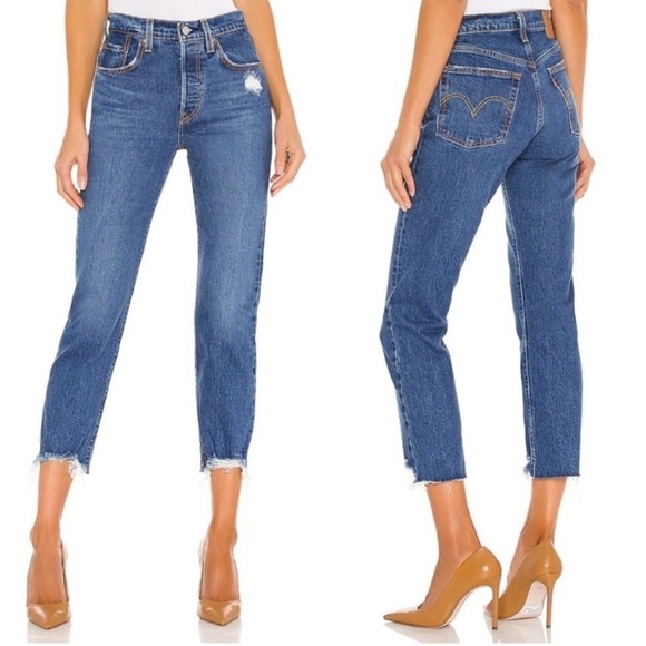 Levi's 501 Premium Crop Jeans in Charleston Fun Size 27 Big E Distressed Raw Hem - Picture 4 of 16